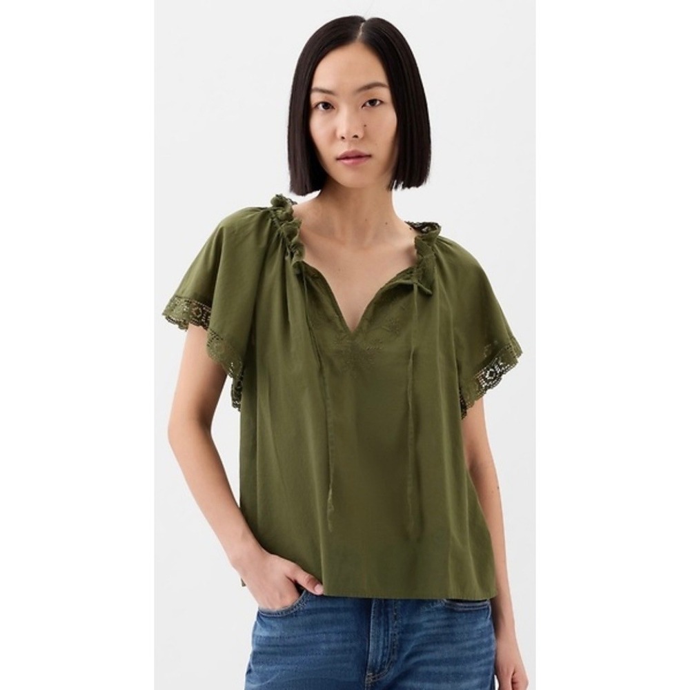Gap Splitneck Lace Top Large Green Flutter Sleeve Cotton